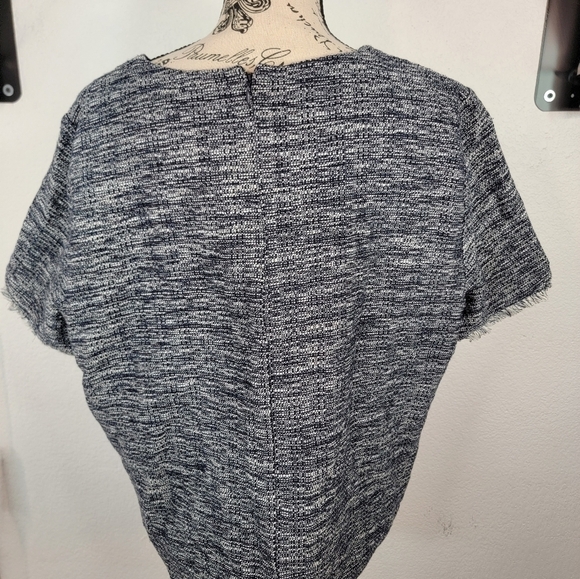 J Crew Tweed Top XL Blue White Short Fray Sleeves AD373 - Picture 5 of 9